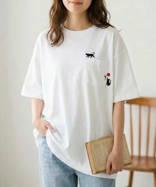 ANPAS（アンパス）の「Short-Sleeve Embroidered Chest Pocket Tee / 胸ポケット刺繍半袖Tシャツ 花 猫モチーフ メンズ レディース トップス（Tシャツ/カットソー・メンズ・ホワイト系1/ホワイト系2/ブラック系1/ブラック系2・M/L）」の22枚目の写真