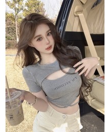 胸カットホール+裾クロス紐リブクロップ半袖トップス