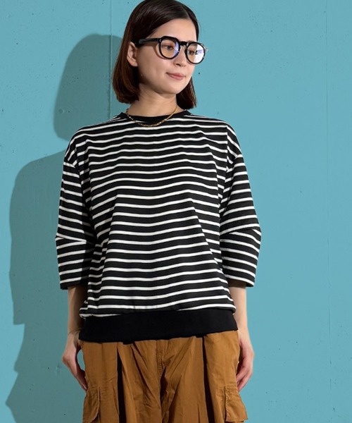 MAISON SELECT(メゾンセレクト)の「6C75 七分袖 コクーンスリーブ ボーダーカットソー(Tシャツ/カットソー・レディース・ブラック/ホワイト/グリーン・FREE)」の2枚目の写真