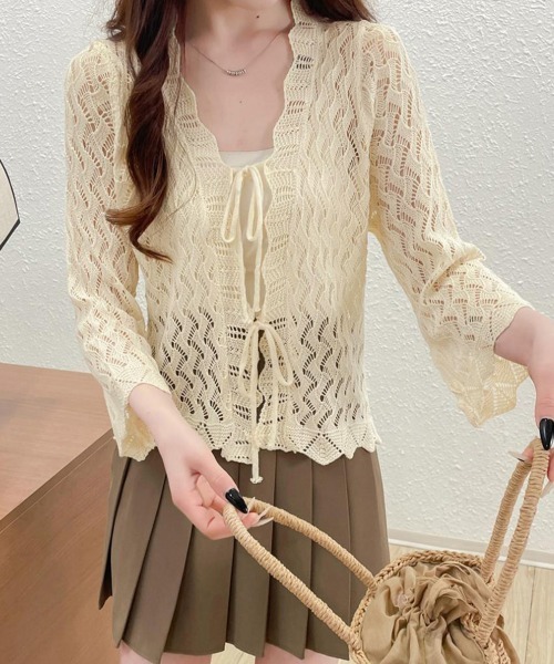 Miniministore(ミニミニストア)の「透かし編みリボンカーディガン レディース(カーディガン/ボレロ・レディース・ホワイト/ブラック/アイボリー/ベージュ・FREE)」の2枚目の写真