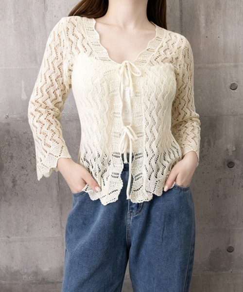 Miniministore(ミニミニストア)の「透かし編みリボンカーディガン レディース(カーディガン/ボレロ・レディース・ホワイト/ブラック/アイボリー/ベージュ・FREE)」の14枚目の写真