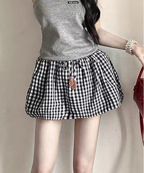 AsheKsha(アシクシャ)の「ドローストリングチェックミニスカート(スカート・レディース・ブラック×ホワイト・F)」の16枚目の写真