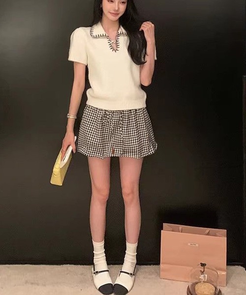 AsheKsha(アシクシャ)の「ドローストリングチェックミニスカート(スカート・レディース・ブラック×ホワイト・F)」の2枚目の写真