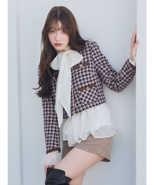 LILY BROWN(リリーブラウン)の「ツイードジャケット(ノーカラージャケット・レディース・ダークグリーン/マルチ/アイボリー・F)」の4枚目の写真