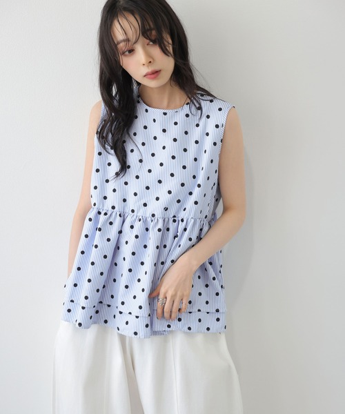 AMELY(エミリー)の「ドット×ストライプ ペプラムブラウス(シャツ/ブラウス・レディース・グレー/ピンク/ブルー・フリー)」の2枚目の写真