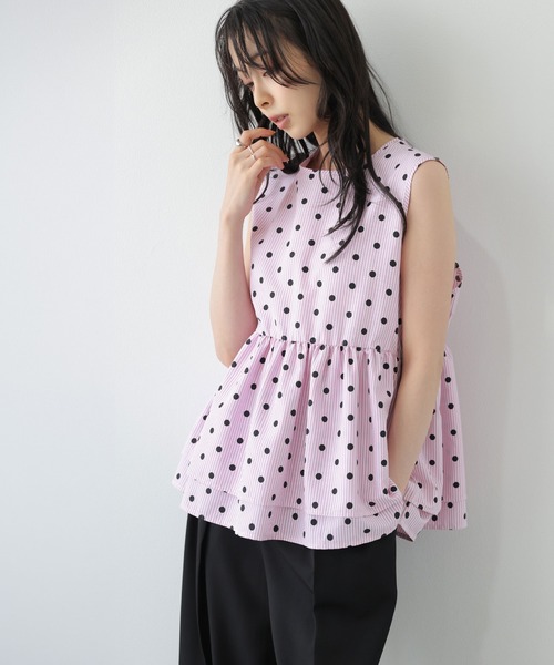 AMELY(エミリー)の「ドット×ストライプ ペプラムブラウス(シャツ/ブラウス・レディース・グレー/ピンク/ブルー・フリー)」の12枚目の写真