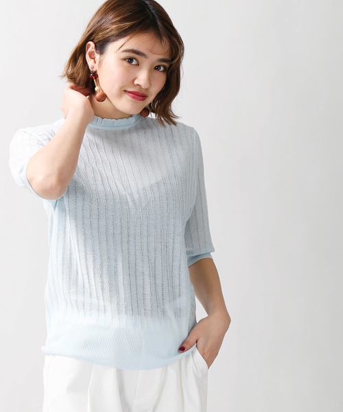 WEGO(ウィゴー)の「WEGO/シアー編みフリルハイネックニット(ニット/セーター・レディース・サックスブルー/ライトイエロー/ホワイト/ブラック/ターコイズブルー/レッド・FREE)」の1枚目の写真