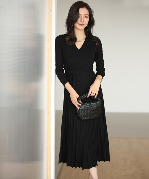 セール】リブプリーツAラインロングニットワンピース（ワンピース