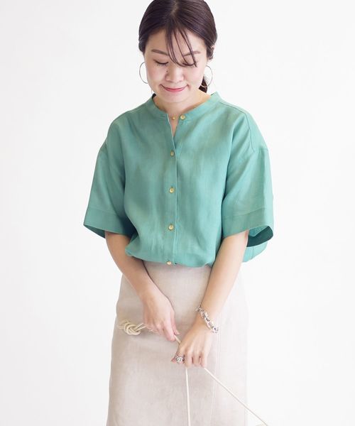 美品 シップス 洗える テレデランリネンバンドカラーシャツ グリーン ゆったり 美品 シップス 洗える テレデランリネンバンドカラーシャツ