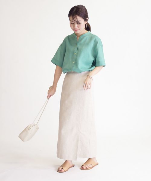 未使用級 SHIPS 25SS テレデランリネンバンドカラーシャツ オリーブ SHIPS for women テレデランカットオフカラーシャツ ブラウス