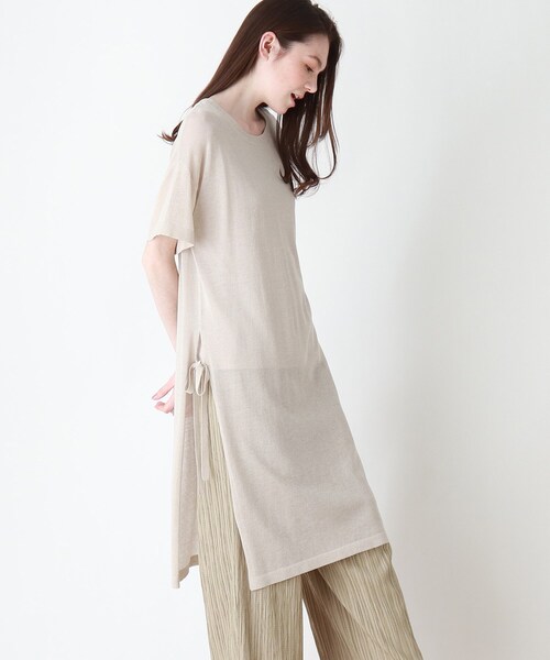 DRESKIP(ドレスキップ)の「◆【2点セット】サイドリボンシア-ニットワンピース×インナータンク(ワンピース・レディース・ブラック/サンドベージュ/グリーン系・02/03)」の1枚目の写真