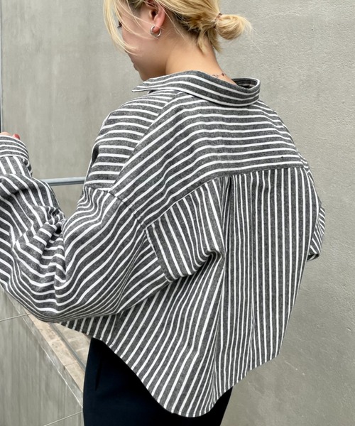 CIAOPANIC（チャオパニック）の「【WEB限定】ショート丈チェックシャツ/ストライプシャツ（シャツ/ブラウス・レディース・ホワイト/ブラック/ブラウン/ブルー/グリーン・FREE）」の14枚目の写真