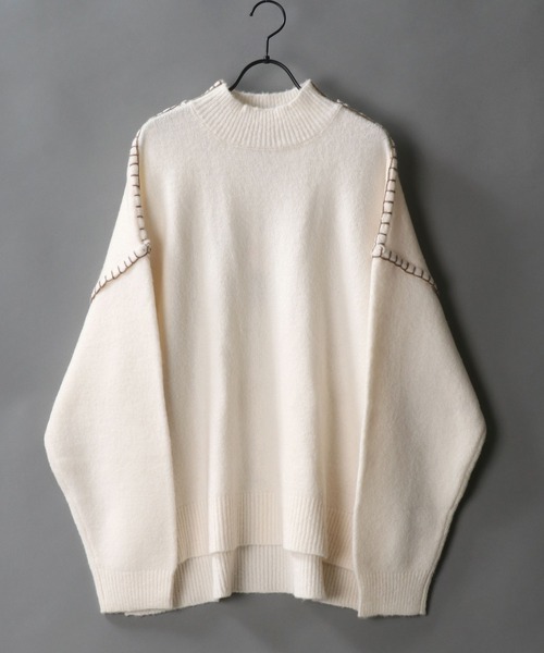 SITRY(シトリー)の「Blanket stitch mock turtle neck knit/ブランケット ステッチ モックネック セーター(ニット/セーター・メンズ・ブラック/オフホワイト/グリーン/グレイッシュベージュ・M/L)」の2枚目の写真