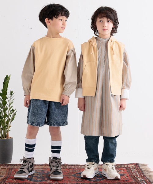 ARCH & LINE(アーチアンドライン)の「バンドカラー ロングシャツ PAJAMA LONG SHIRT(シャツワンピース・キッズ・ベージュ/サックスブルー・L/M/S)」の7枚目の写真