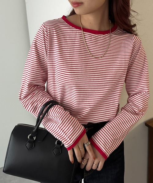 DISCOAT（ディスコート）の「【WEB限定】細ボーダーTシャツ（Tシャツ/カットソー・レディース・ピンク/ホワイト×ブラック/ホワイト×ピンク/ブラック/ライトベージュ/ホワイト系その他/ネイビー/ホワイト系その他2/グレー/ホワイト系その他3/ブラウン・FREE）」の5枚目の写真