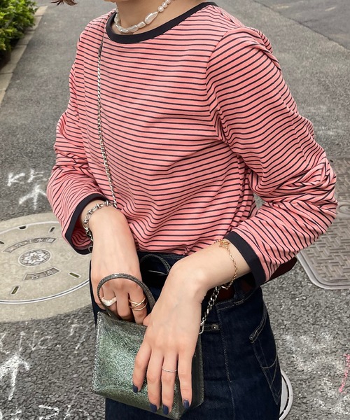 DISCOAT（ディスコート）の「【WEB限定】細ボーダーTシャツ（Tシャツ/カットソー・レディース・ピンク/ホワイト×ブラック/ホワイト×ピンク/ブラック/ライトベージュ/ホワイト系その他/ネイビー/ホワイト系その他2/グレー/ホワイト系その他3/ブラウン・FREE）」の14枚目の写真