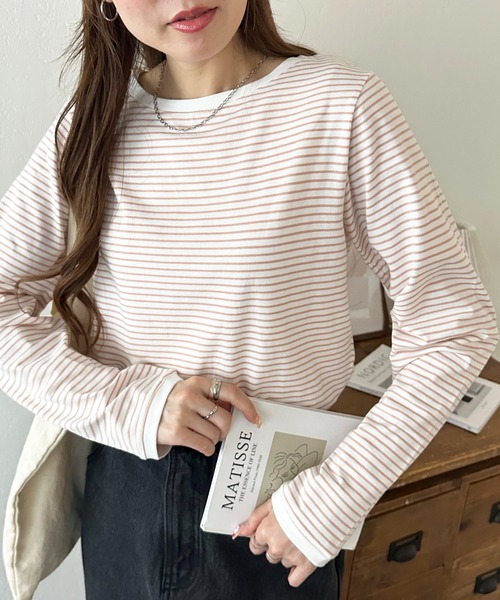 DISCOAT（ディスコート）の「【WEB限定】細ボーダーTシャツ（Tシャツ/カットソー・レディース・ピンク/ホワイト×ブラック/ホワイト×ピンク/ブラック/ライトベージュ/ホワイト系その他/ネイビー/ホワイト系その他2/グレー/ホワイト系その他3/ブラウン・FREE）」の17枚目の写真