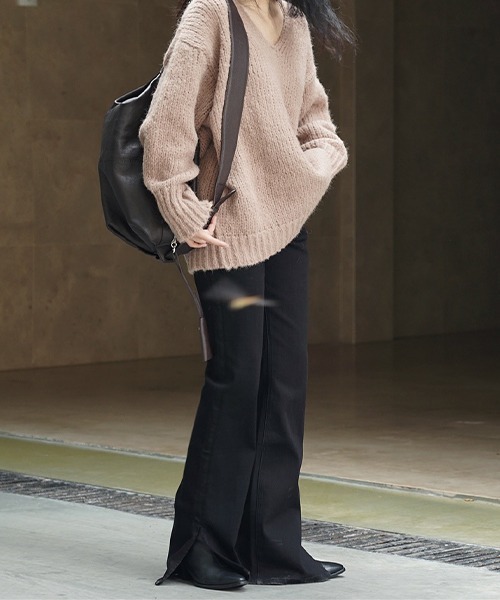 O.W ストレッチフレアブラックパンツ O.W ストレッチフレアブラックパンツ 美シルエット】ブラック