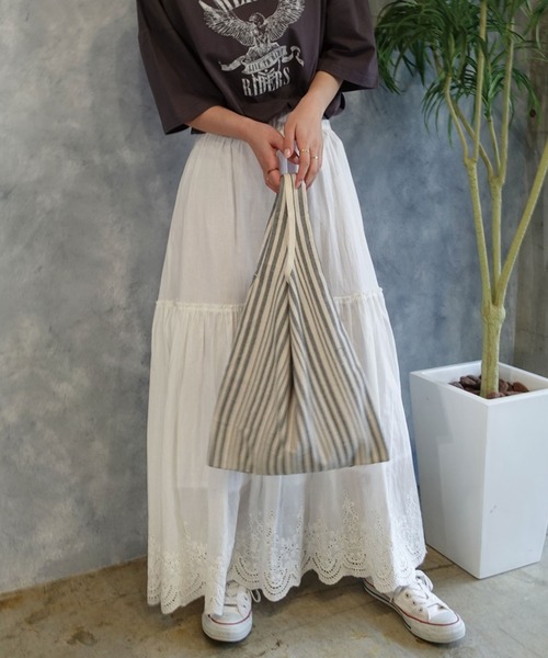 CORNERS(コーナーズ)の「リネンライクストライプマルシェバッグ(エコバッグ/サブバッグ・レディース・ブラック/ベージュ・FREE)」の1枚目の写真