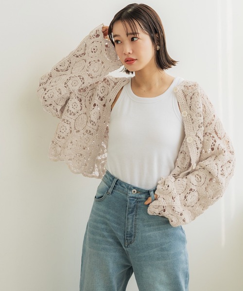 coca（coca）（コカ）の「かぎ編みカーディガン（カーディガン/ボレロ・レディース・アイボリー/チャコール/ブラウン・ONE SIZE）」の5枚目の写真