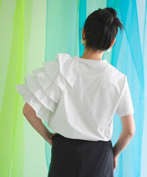 bohmal（ボマール）の「異素材フリルロゴTシャツ（Tシャツ/カットソー・レディース・ホワイト/チャコールグレー/ブルー・FREE）」の7枚目の写真