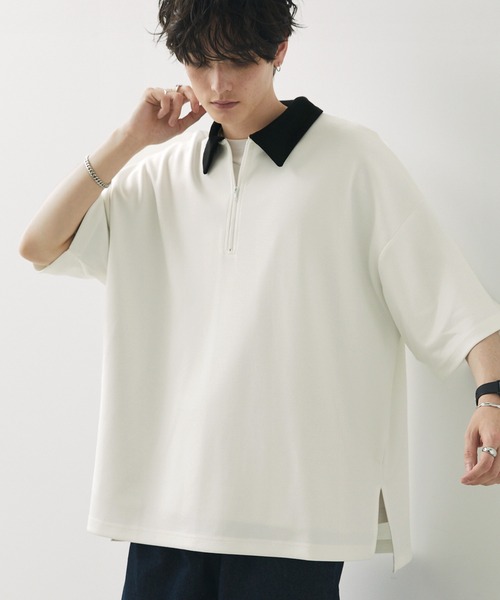 Anchor Smith(アンカー スミス)の「ハイポンチ ハーフジップクレリック配色S/Sカットソー(ポロシャツ・メンズ・グレイッシュベージュ/グレイッシュブルー/バーガンディー/ブラック/ホワイト/チャコール・L/M)」の2枚目の写真