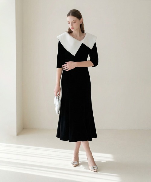 セール】【LEJA】配色アシンメトリービッグカラーベロアマーメイド