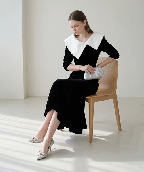 LEJA】配色アシンメトリービッグカラーベロアマーメイドシルエット