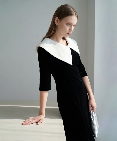 LEJA】配色アシンメトリービッグカラーベロアマーメイドシルエット