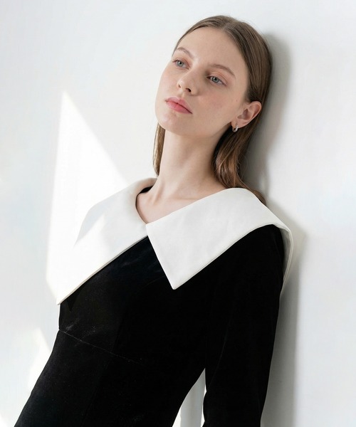 LEJA】配色アシンメトリービッグカラーベロアマーメイドシルエット