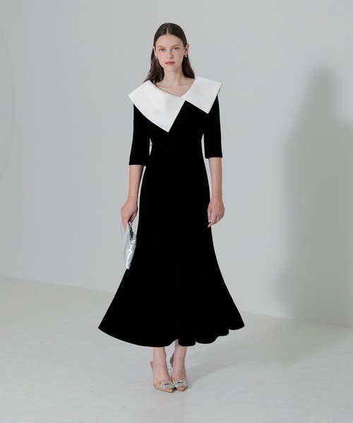 LEJA 黒・白 大きな襟 パーティードレス LEJA 黒・白 大きな襟 パーティードレス オンライン ショッピング 通販