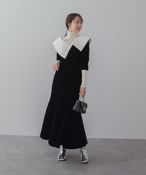 【LEJA】配色アシンメトリービッグカラーベロアマーメイドシルエットドレス セール】【LEJA】配色アシンメトリービッグカラーベロアマーメイド