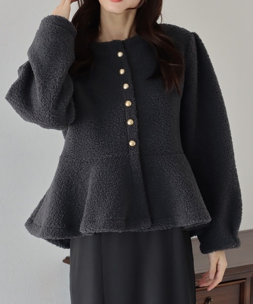 ブルレア　ペプラムジャケット セール】ボアペプラムジャケット（ノーカラージャケット