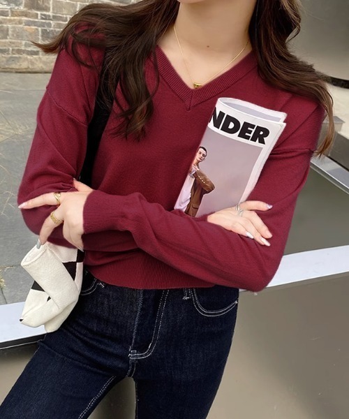 COCOMOMO（ココモモ）の「【10色展開】 Vネックニット シンプルベーシック やわらか カラーニット長袖トップス（ニット/セーター・レディース・ブラウン/ブラック/アイボリー/ホワイト/ピンク/ベージュ/グリーン/イエロー系/ネイビー/ワイン・FREE）」の10枚目の写真