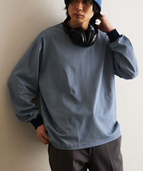 417 EDIFICE（フォーワンセブンエディフィス）の「マイクロボーダー カットソー /  ビッグシルエット / ロンT（Tシャツ/カットソー・メンズ・パープル/ベージュ/ブラウン/ブルー/チャコールグレー・MEDIUM/LARGE）」の4枚目の写真