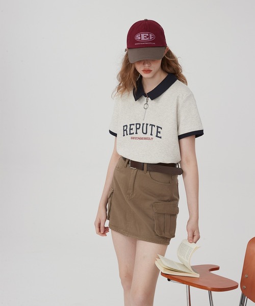 ポロカラー ハーフジップ レタリングショートスリーブトップス 24sK58765（Tシャツ/カットソー）｜KUHNMARVIN（クエンマウエ）