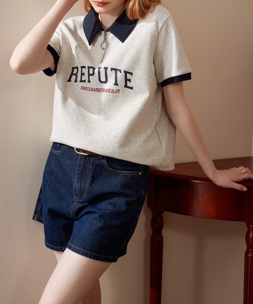 ポロカラー ハーフジップ レタリングショートスリーブトップス 24sK58765（Tシャツ/カットソー）｜KUHNMARVIN（クエンマウエ）