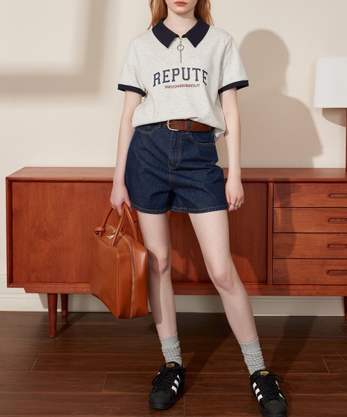 ポロカラー ハーフジップ レタリングショートスリーブトップス 24sK58765（Tシャツ/カットソー）｜KUHNMARVIN（クエンマウエ）