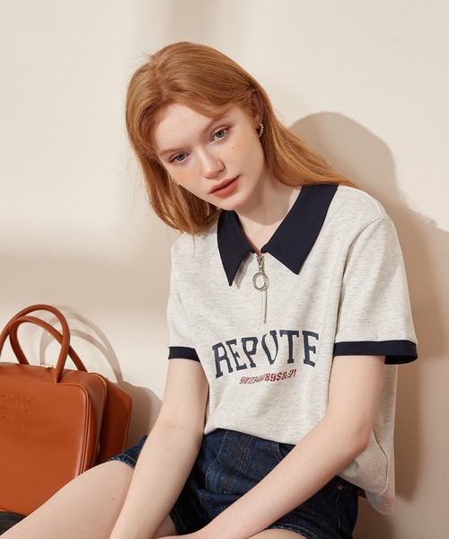 ポロカラー ハーフジップ レタリングショートスリーブトップス 24sK58765（Tシャツ/カットソー）｜KUHNMARVIN（クエンマウエ）