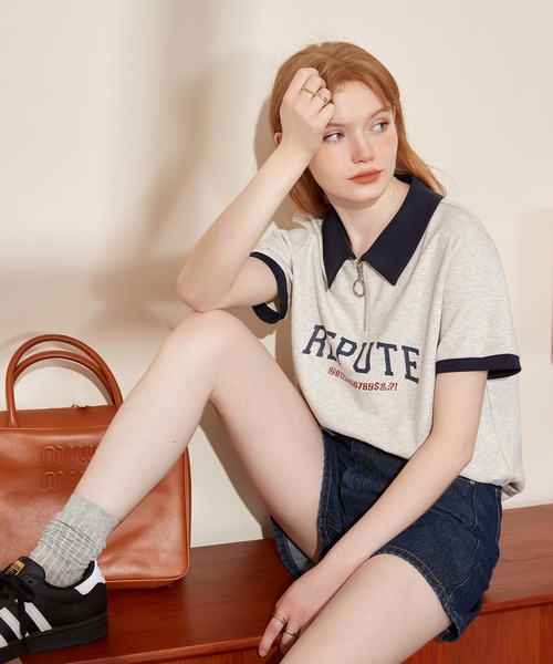 ポロカラー ハーフジップ レタリングショートスリーブトップス 24sK58765（Tシャツ/カットソー）｜KUHNMARVIN（クエンマウエ）