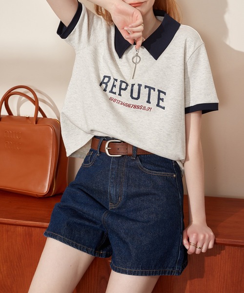 ポロカラー ハーフジップ レタリングショートスリーブトップス 24sK58765（Tシャツ/カットソー）｜KUHNMARVIN（クエンマウエ）