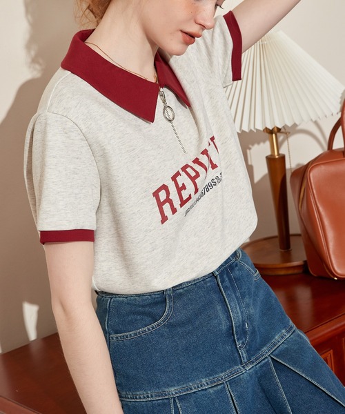 ポロカラー ハーフジップ レタリングショートスリーブトップス 24sK58765（Tシャツ/カットソー）｜KUHNMARVIN（クエンマウエ）