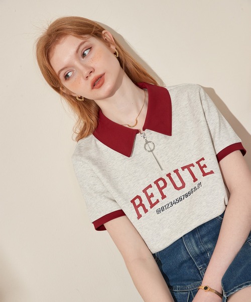 ポロカラー ハーフジップ レタリングショートスリーブトップス 24sK58765（Tシャツ/カットソー）｜KUHNMARVIN（クエンマウエ）