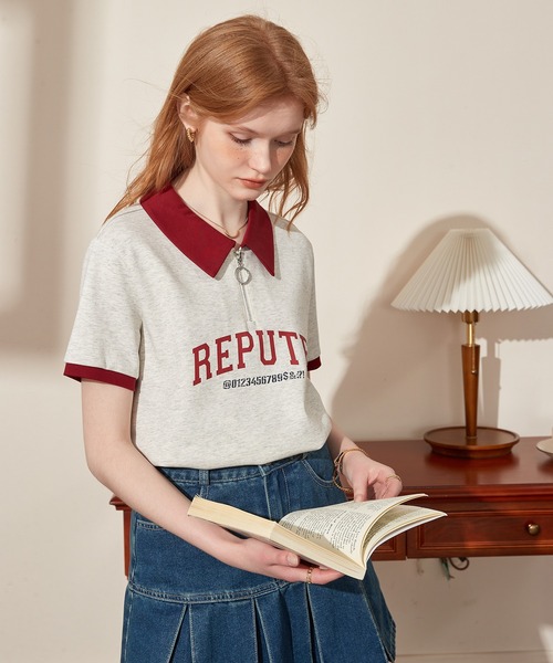 ポロカラー ハーフジップ レタリングショートスリーブトップス 24sK58765（Tシャツ/カットソー）｜KUHNMARVIN（クエンマウエ）