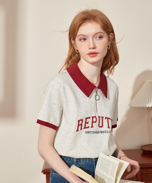 ポロカラー ハーフジップ レタリングショートスリーブトップス 24sK58765（Tシャツ/カットソー）｜KUHNMARVIN（クエンマウエ）