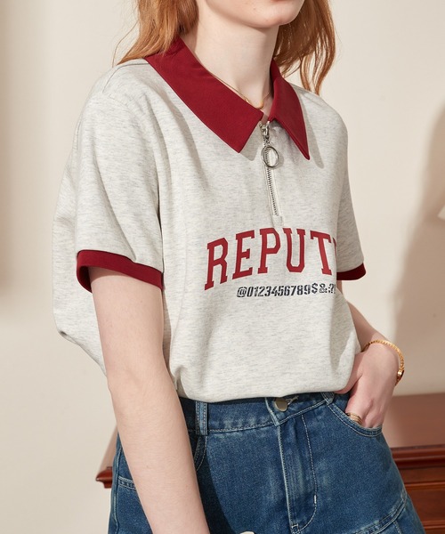 ポロカラー ハーフジップ レタリングショートスリーブトップス 24sK58765（Tシャツ/カットソー）｜KUHNMARVIN（クエンマウエ）