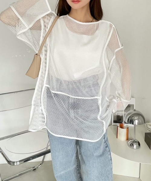 Ada.(エイダ)の「前後2WAY メッシュ ブロッキング カーディガン トップス(カーディガン/ボレロ・レディース・ブラック/アイボリー・FREE)」の9枚目の写真