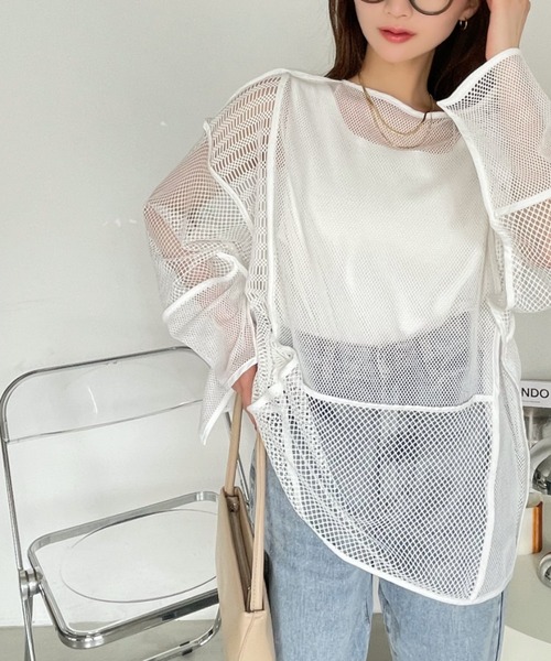 Ada.(エイダ)の「前後2WAY メッシュ ブロッキング カーディガン トップス(カーディガン/ボレロ・レディース・ブラック/アイボリー・FREE)」の6枚目の写真
