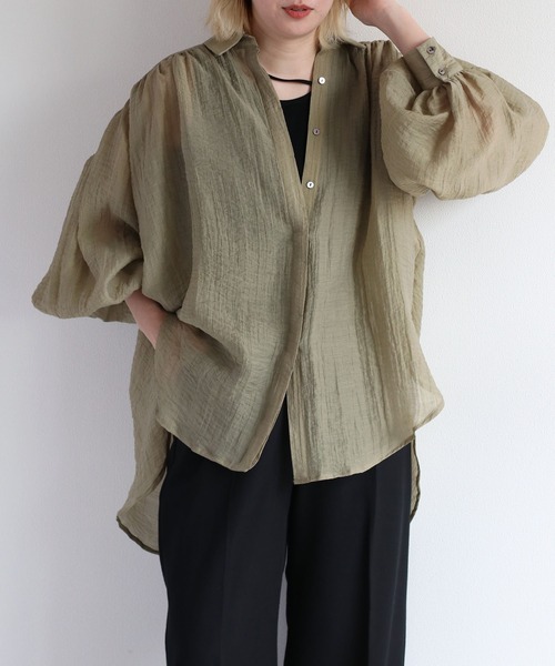 cepo(セポ)の「バックスリットシアービッグシャツ(シャツ/ブラウス・レディース・カーキ/オフホワイト/オレンジ・M)」の2枚目の写真