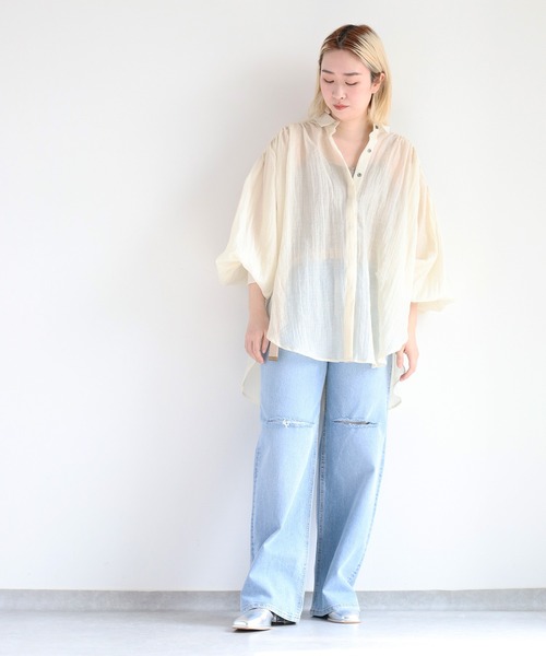 cepo(セポ)の「バックスリットシアービッグシャツ(シャツ/ブラウス・レディース・カーキ/オフホワイト/オレンジ・M)」の7枚目の写真